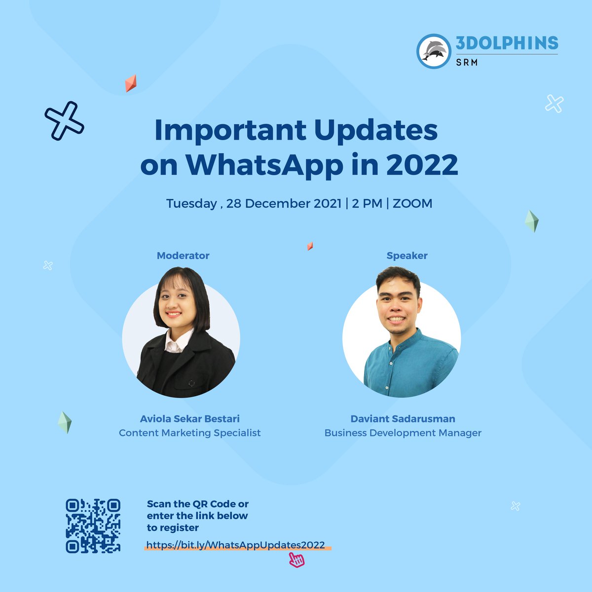 3dolphinsAI's tweet photo. WhatsApp has a lot of new things in store in 2022. 
The updates are important to know ahead so you can plan better.
So, make sure to be the first one to know through this webinar

Register here: 
https://t.co/8topk4QEp7

#3DolphinsSRM #ConnectingEnterpriseToCustomers https://t.co/wh2vZYnEBL