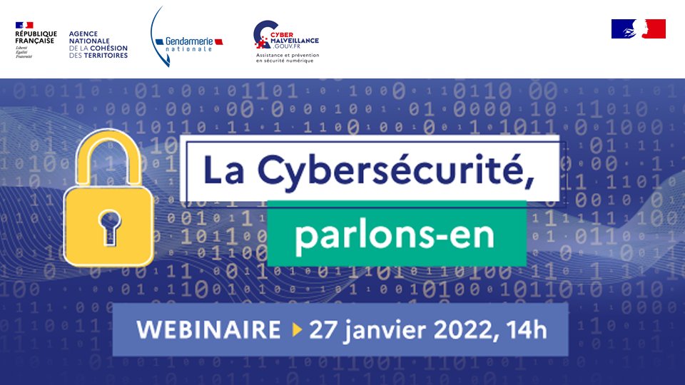 ANCTerritoires's tweet photo. 🗓 Elus, à vos agendas !
L'ANCT s'associe à la @Gendarmerie (@CyberGEND) et @cybervictimes pour organiser un webinaire sur la #cybersécurité🔒 : comment les collectivités peuvent se prémunir des cyberattaques ?

⌛ Rdv le 27 janvier
📝 Inscriptions : https://t.co/x93usnjQNf https://t.co/PRaPPDETtO