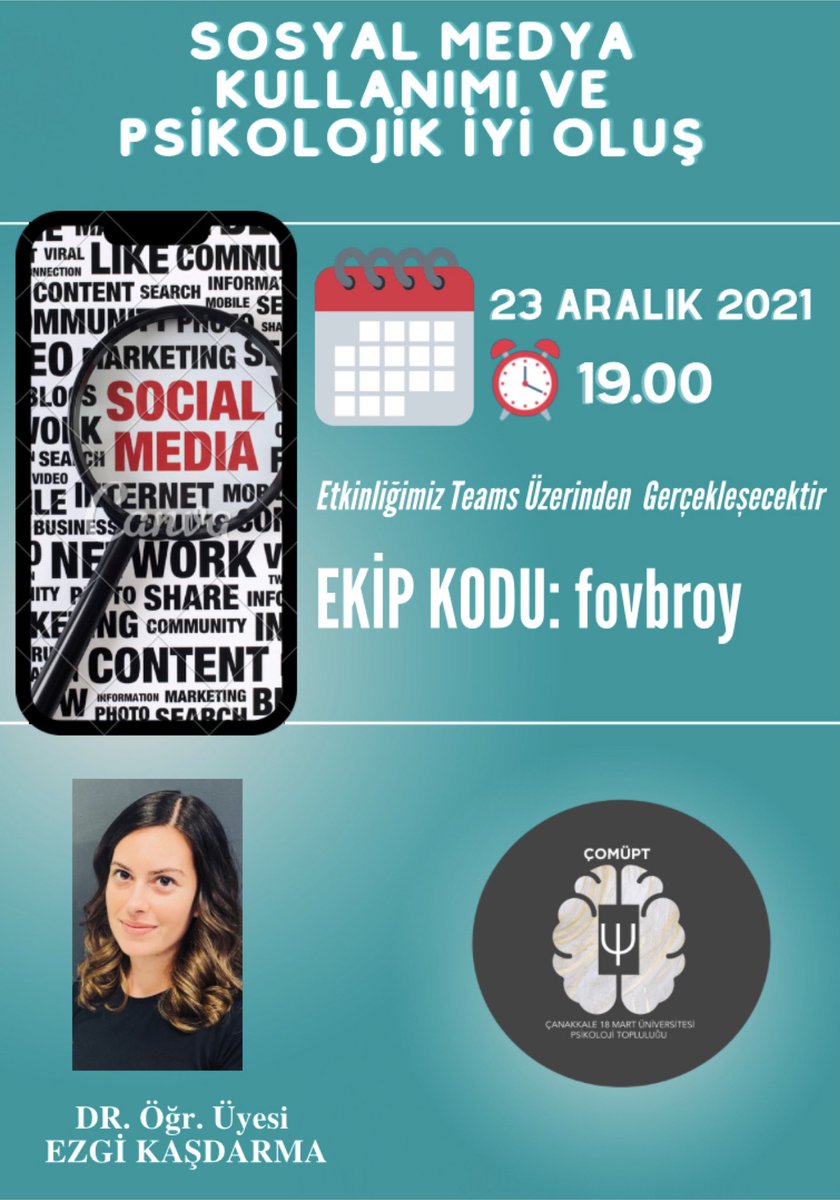 23.12.2021 tarihinde Sosyal Medya ve Psikoloji arasındaki bağlantıyı merak eden tüm üyelerimizi seminerimize bekliyoruz.