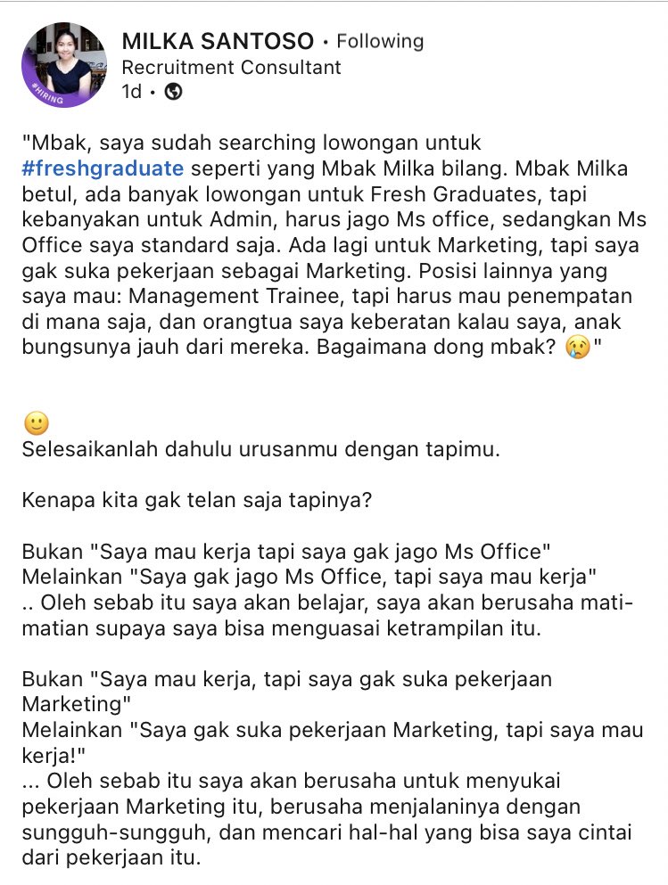 worksfess's tweet photo. work! wdyt? yang mau lengkapnya bisa baca di linkedln mba milka🙏🏻 https://t.co/etACGXDy2Z