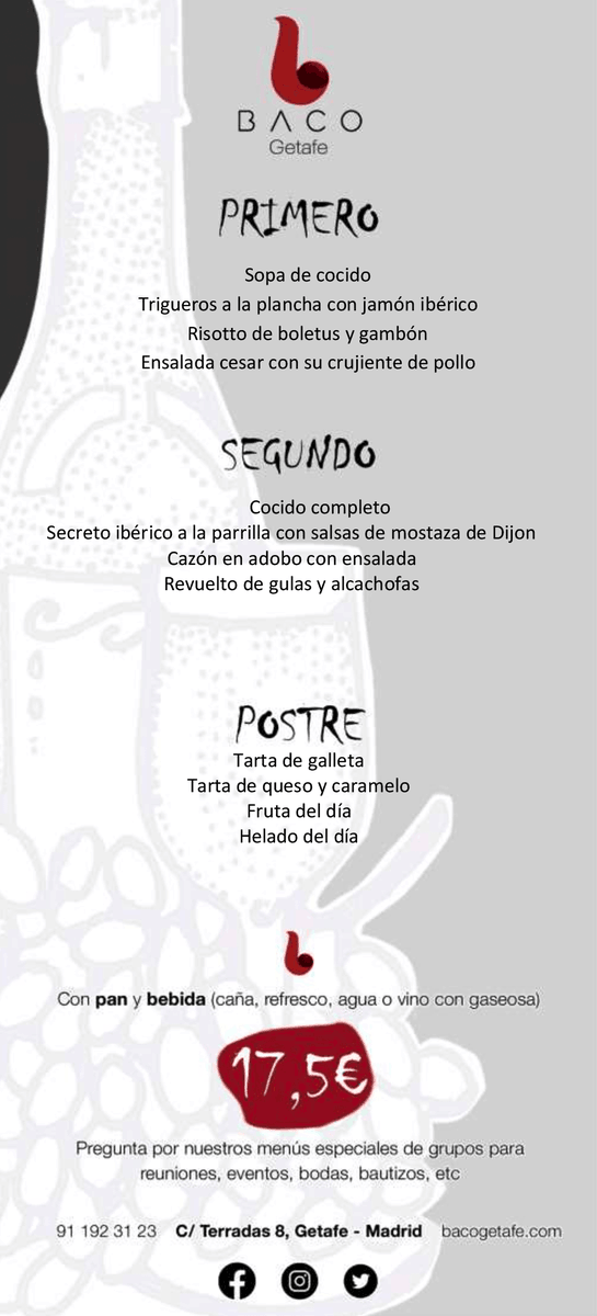 Nos encanta el cocido y el que ofrecemos en nuestro #menudiario es… como te diría yo…🤤 bueno, mejor no te lo cuento! Ven a probarlo 😜
Si no, cualquiera de los otros platos que tenemos en el menú de hoy, te encantarán. ¿Te apuntas? 

 #restaurantebaco #restaurantegetafe