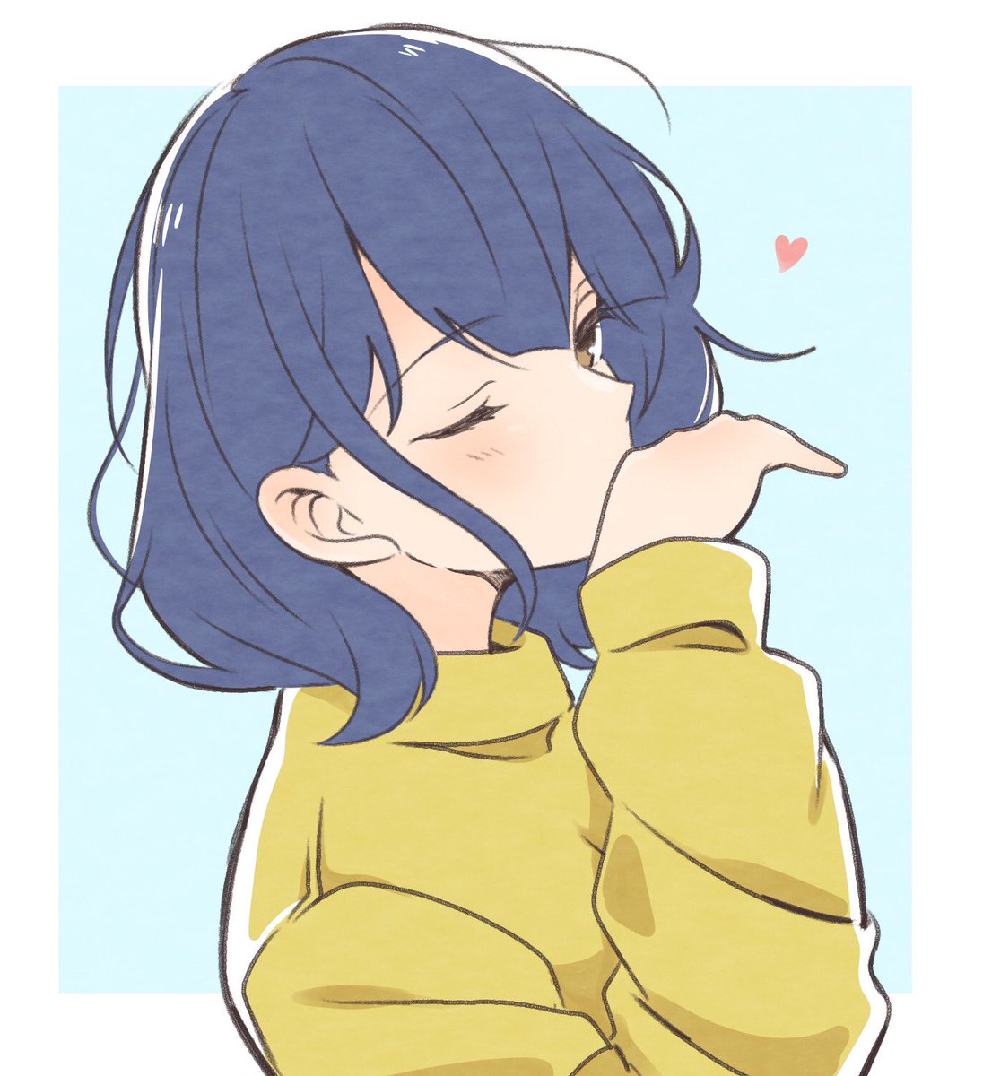 1girl solo one eye closed heart blue hair upper body sweater  illustration images