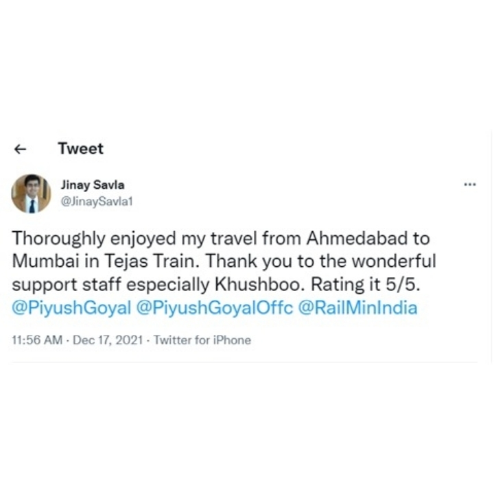 IRCTCofficial's tweet photo. We at #TejasExpress always aspire to make our passenger's travel experience most comfortable. Here are a few passenger feedbacks on Tejas Express services.
#TejasExpress #GoTejasGo https://t.co/SONvfjSaL4