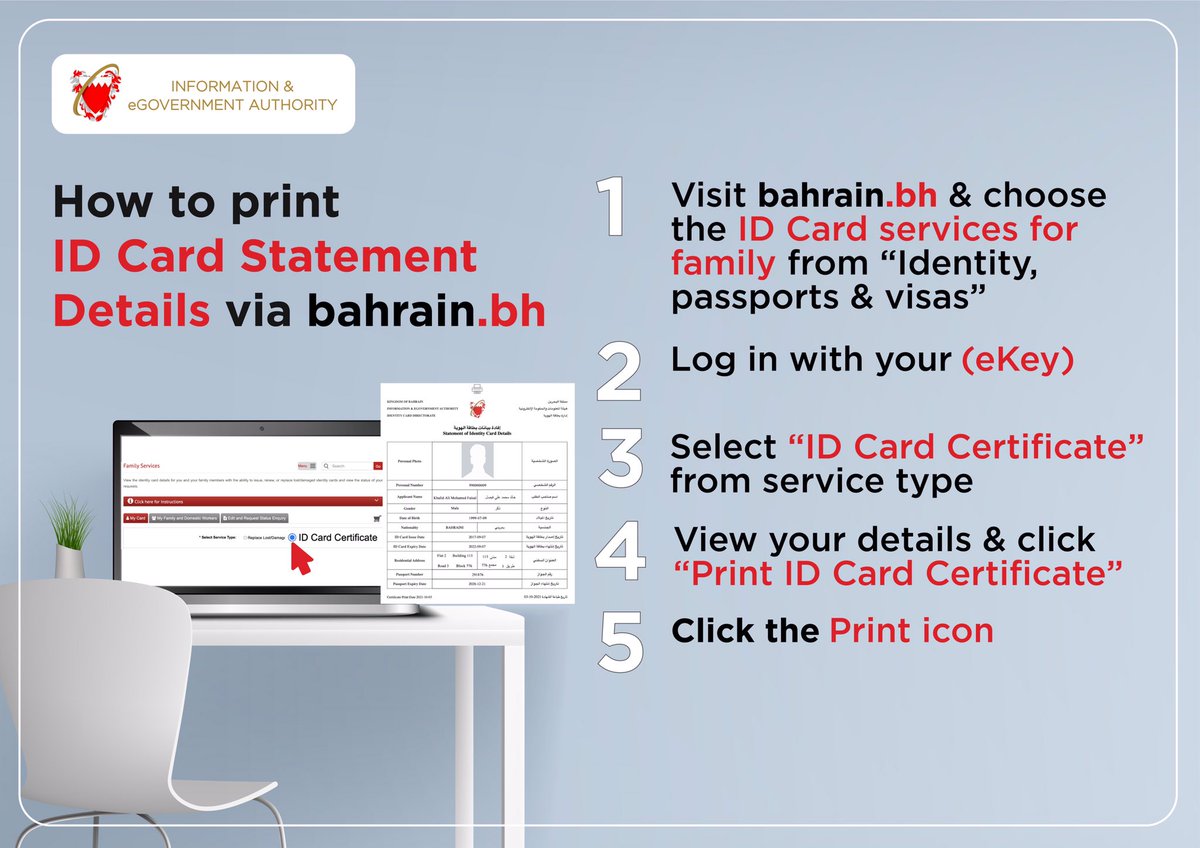 iGABahrain's tweet photo. Need your Identity Card Statement details?

You can easily print it from the “Family services” available within the “Identity Card Services via https://t.co/7iX4zlt05Q

#Bahrain #ID #IDcard #Identity #cerificate #statement #details #information #eServices #eGovernment https://t.co/95R1e38jaW