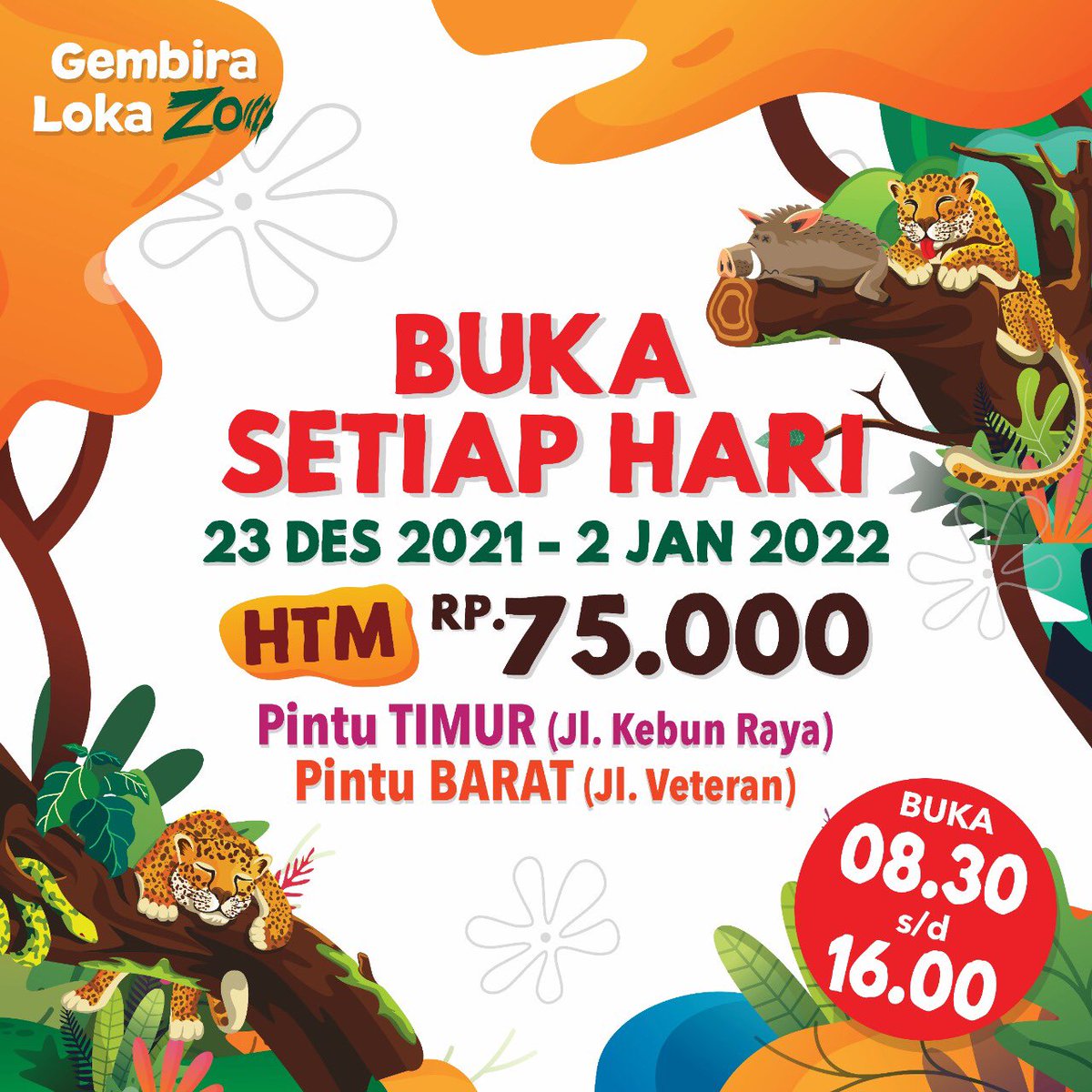 gembiraloka_zoo's tweet image. #NataruGLZoo

BUKA SETIAP HARI
Periode Tgl: 23 Des - 2 Januari 2022

#Pukul : 08.30-16.00 WIB
#HTM : Rp 75000

*gratis kereta &amp;amp; kapal sepuasnya
*tinggi badan anak &amp;lt;80cm gratis
*scan apps peduli lindungi &amp;amp; prokes
*Pintu Masuk:
 A. Timur (Jl. Kebun Raya)
 B. Barat (Jl. Veteran)