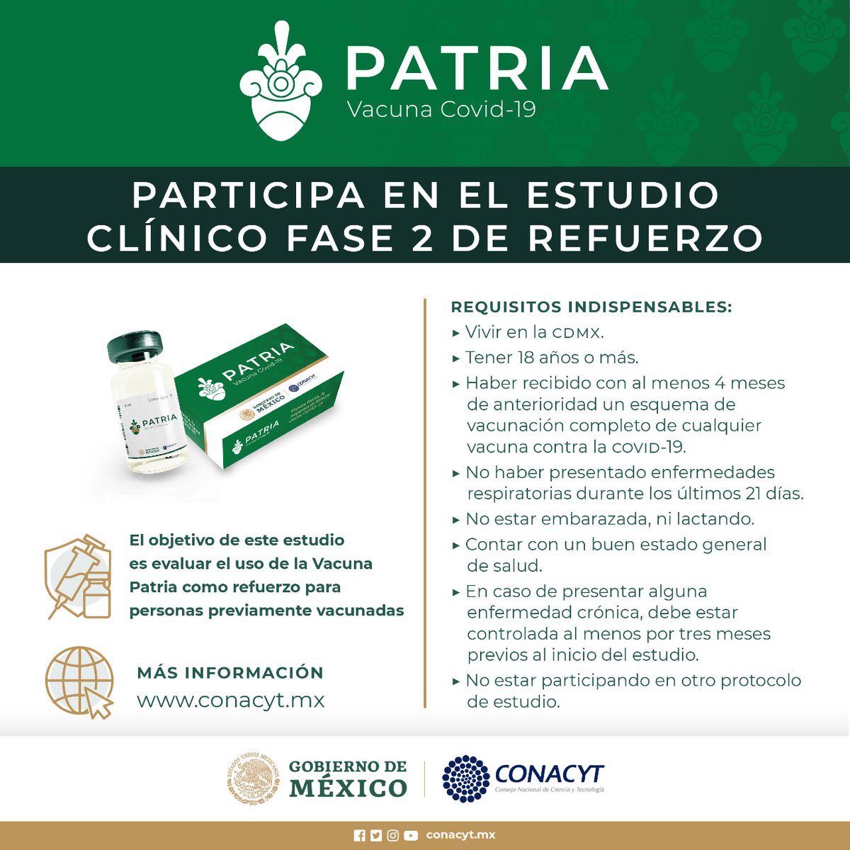 Secihti_Mx's tweet photo. El Conacyt invita a participar en la Fase Clínica 2R de la vacuna "Patria". https://t.co/N35Uex3lgM