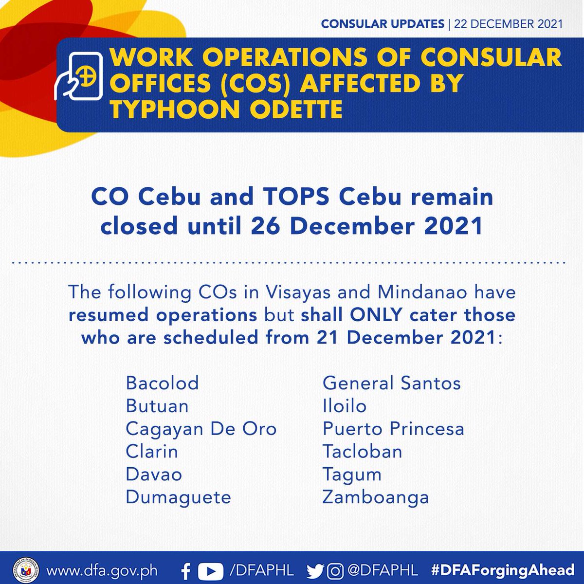 DFAPHL's tweet photo. #ConsularAdvisory: Check out this infographic for updates on the work operations of Consular Offices affected by Typhoon Odette.
You may also read the full advisory here👉🏻https://t.co/KG4GiS2lyV https://t.co/M18Vc7nS6K