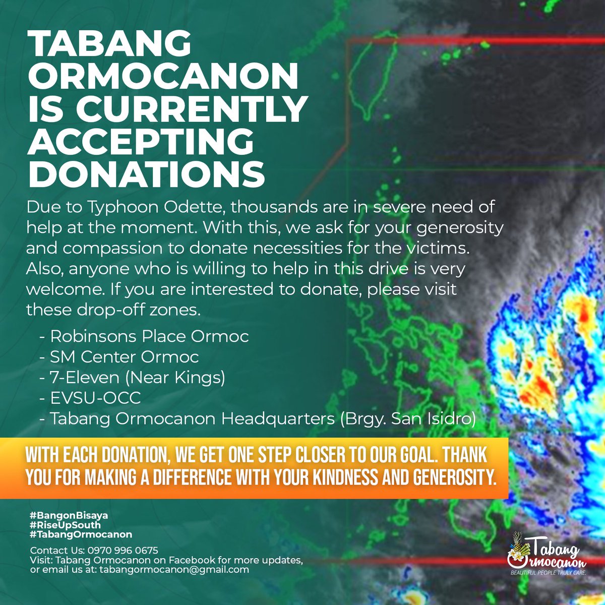 tabangormocanon's tweet photo. Typhoon Odette, one of the strongest typhoon this year, left a massive trail of destruction to numerous VisMin areas. With this, Tabang Ormocanon is humbly reaching out for your kind help and donations. Your generosity can give hope to the victims. Let us make a difference! https://t.co/0U5RMw63g6