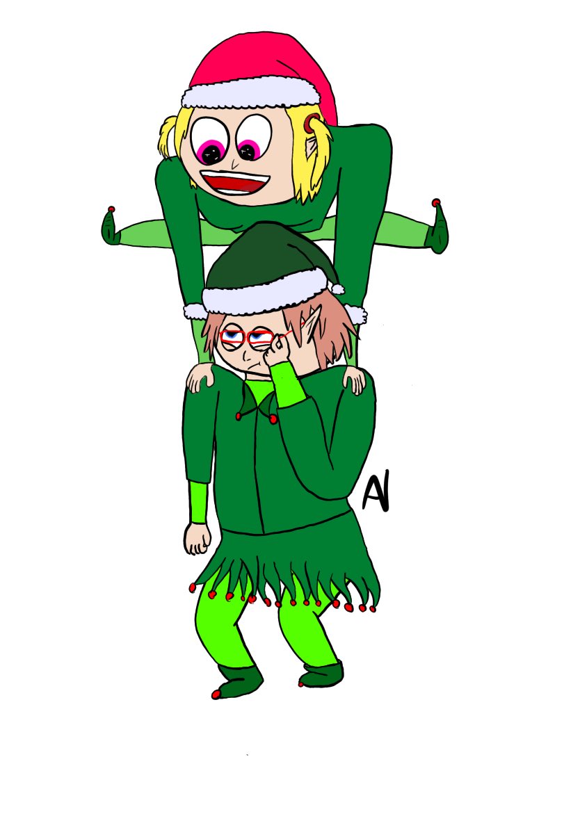 drawndustrys's tweet image. I made some elves! This is Ednia and Tinkle. Ednia is the shy, intelligent, undaring elf who just wants to make toys for Santa then go home to relax and draw doodles by the fireplace, while Tinkle is spunky, acts before she thinks, and wants to meet and befriend many people.