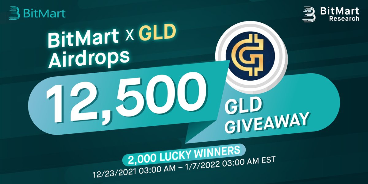 BitMartResearch's tweet photo. 🎁BitMart X GLD Listing Airdrop

1⃣Follow @BitMartResearch &amp; @GoldarioToken
2⃣Join Telegram https://t.co/ba8uIcH9ww &amp; https://t.co/z5pYVT1wkM
3⃣Retweet &amp; Tag 3 friends
4⃣Fill out:https://t.co/frzkcyCYRd

🪙𝟐,𝟎𝟎𝟎 winners split 𝟏𝟐,𝟓𝟎𝟎 $GLD
⏰12/23/21 3AM – 1/7/22 3AM EST https://t.co/mkQiNZhTLb