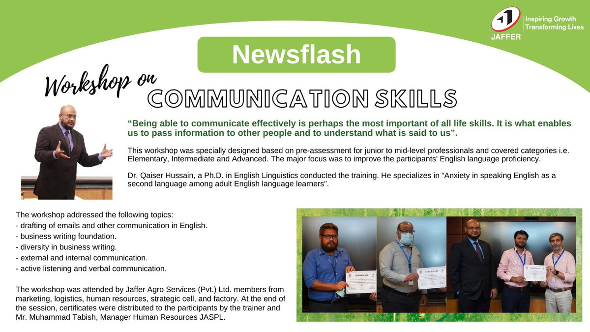 JafferGroup's tweet photo. Workshop on Communication Skills was held in Nov 2021 at the Jaffer Group, head office, Karachi.
#communicationskills #workshop #softskills #training #jaffergroup #qaiserhussain #JafferAgro #jaspl https://t.co/uDSJDBPrTr