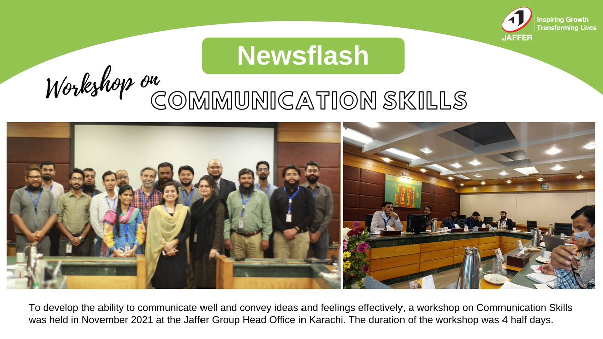 JafferGroup's tweet photo. Workshop on Communication Skills was held in Nov 2021 at the Jaffer Group, head office, Karachi.
#communicationskills #workshop #softskills #training #jaffergroup #qaiserhussain #JafferAgro #jaspl https://t.co/uDSJDBPrTr