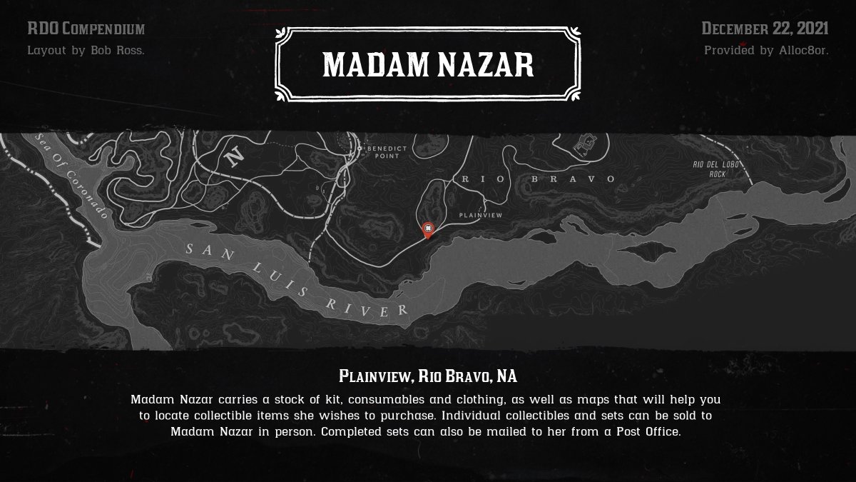 RDODailies's tweet image. Today, December 22, 2021, Madam Nazar is at Plainview.
"The oil drill down the road, I saw the spirit of dog there once, calling for his master." - Madam Nazar
#RedDeadOnline #MadamNazar #NazarFinder