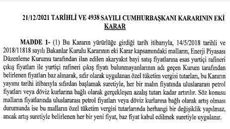 vaziyetcomtr's tweet photo. Akaryakıta kur ve hammadde kaynaklı gelecek indirimlerin yansıtılmayıp, bu miktarın ÖTV olarak alınmasına dair cumhurbaşkanı kararı yayımlandı. https://t.co/kxK4NrtoRL