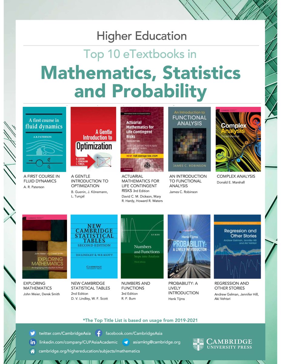 cambridgeasia's tweet photo. Choosing your #mathematics, #statistics and #probability textbook doesn’t have to be daunting! Check #CambridgeUniversityPress top #etextbook list and learn more about online learning at: https://t.co/slLGg2NVSU
#OnlineLearning #HigherEducation https://t.co/L0c6ShvpMD
