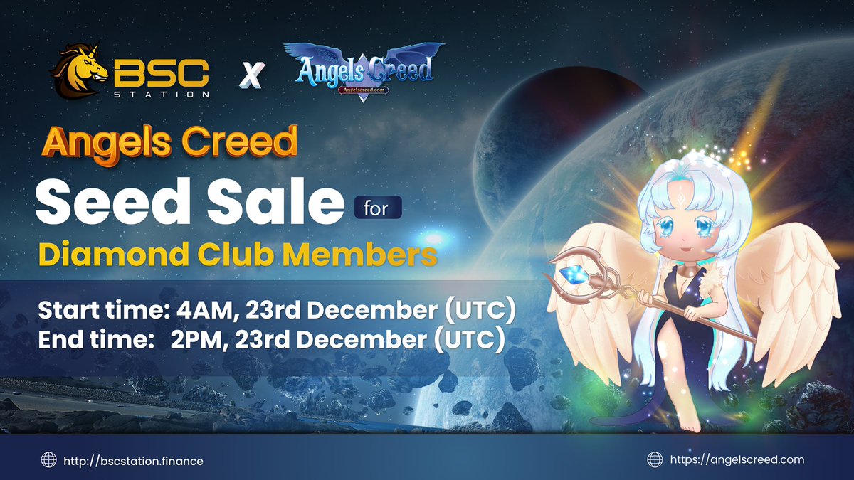 BSCS_Global's tweet photo. 🔥@AngelsCreedGame Seed Sale exclusively for BSCStation’s Diamond Club members!

💰Amount: 8,000,000 $ANGEL 💲Price: 0.005 BUSD

⏰4AM - 2PM, Dec 23 (UTC)

🔓Vesting: release 5% within 24 hours from TGE, 2 months cliff, then release rest 95% monthly over a year https://t.co/CbAdXZgE2r