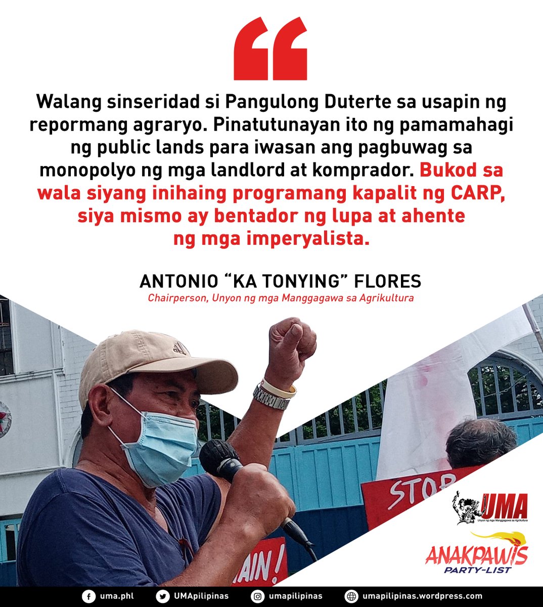 UMApilipinas's tweet photo. AGRI-WORKERS SA DAR, DA: WAG PURO PUBLIC LANDS, IPAMAHAGI RIN ANG MGA ASYENDA, PLANTASYON!
Press statement - December 22, 2021 - UMA
READ: https://t.co/lWPBtUZx5x
#LandToTheTiller
#PushGARB
#FreeLandDistribution
#StandWithFarmers https://t.co/NJKl9kEvKv