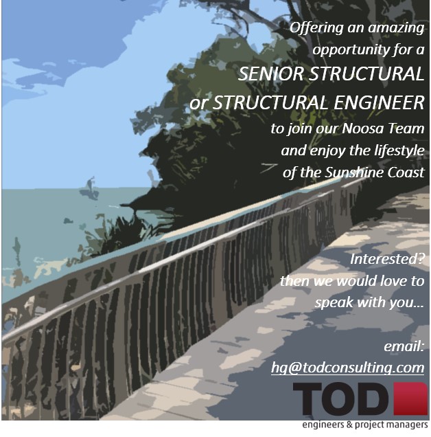 TOD_consulting's tweet photo. TOD Consulting @TOD_consulting We are HIRING – seeking a #SeniorStructuralEngineer and/or #StructuralEngineer highly reputable and well established Consultancy in Noosaville, Sunshine Coast-find us at https://t.co/Em1VIL9jBq #positionsvacant #engineering #structuralengineering https://t.co/jFUCFVubxU