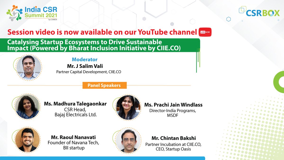 csrboxorg's tweet photo. Watch the panel discussion on Catalysing Startup Ecosystems to Drive Sustainable Impact (Powered by Bharat Inclusion Initiative by CIIE. CO) at the India CSR Summit 2021
To watch the session's video, visit: https://t.co/5yhKfNi8oW
#ics2021 #indiacsrsummit https://t.co/xqeEjJ99D6