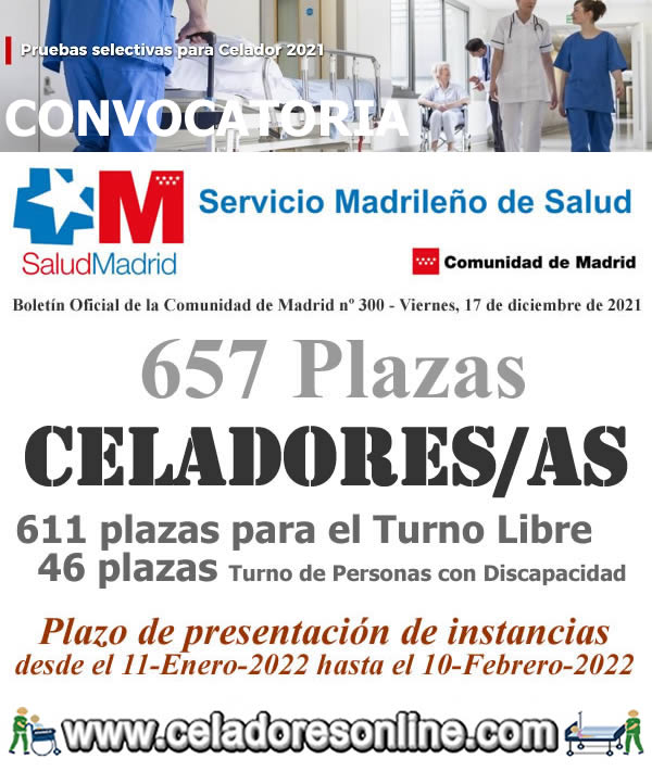 Convocatoria de 657 Plazas de CELADORES/AS de Instituciones Sanitarias del SERMAS - Servicio Madrileño de Salud. Plazo de presentación de instancias desde el 11-Enero-2022 hasta el 10-Febrero-2022... FHMQr3HWQAYQnTl?format=jpg&name=900x900