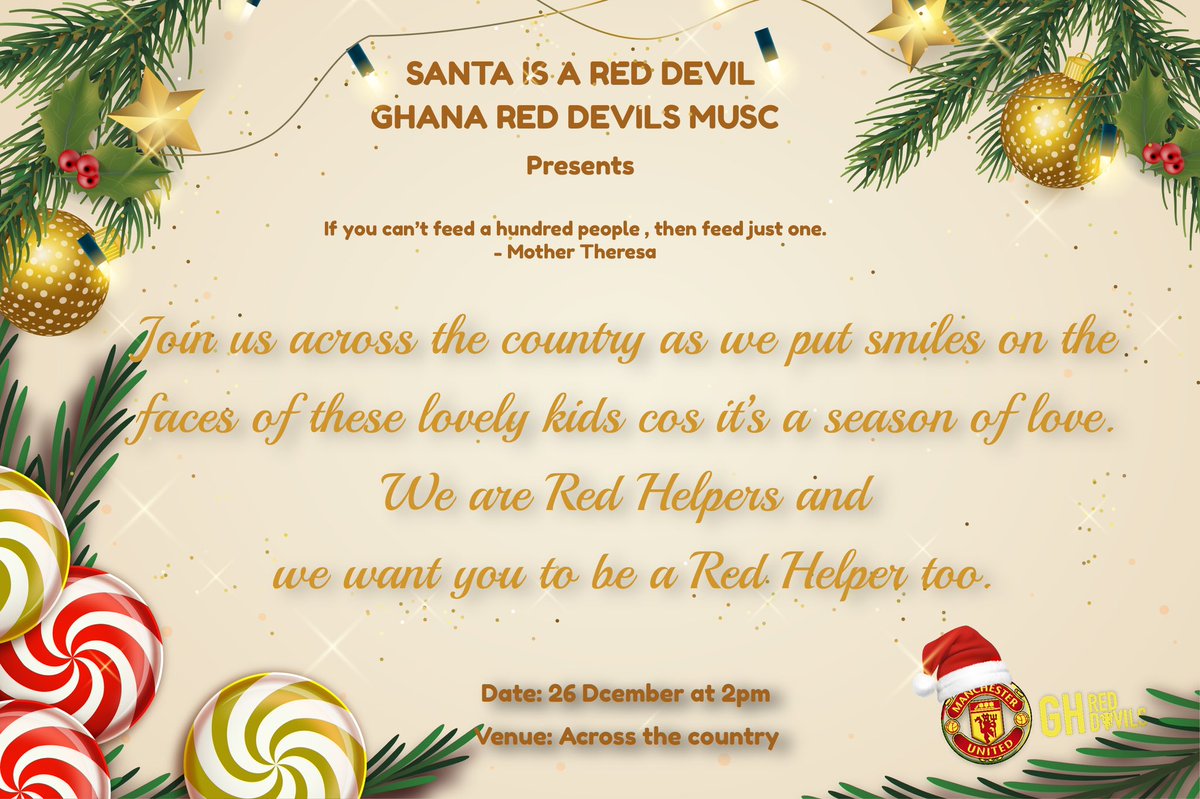 GHRedDevils's tweet photo. Tema get ready! Rep your United jersey and meet the Tema team up at the Community Center. Show love this festive season; be a Red Helper. #RedHelper #SantasRedHelpers #mufc #NoNoseMaskNoEntry https://t.co/lqpXQ2RdKA