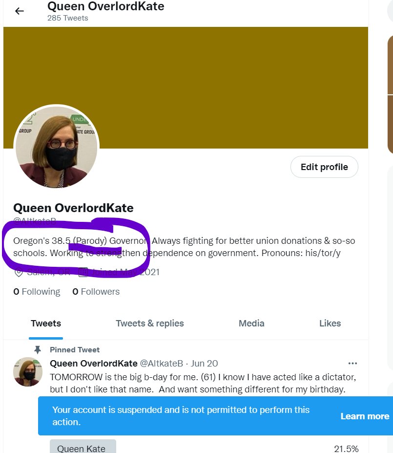 alt_colt's tweet photo. 2.  In democratic discourse, it is #essential that people are able to parody public officials especially when they are doing dumbass things like Governor Brown is doing.  Look at the picture...it clearly states PARODY.  
Suspension = free speech suppression. #orpol 
#FreeSpeech https://t.co/cTLd7VuSdG