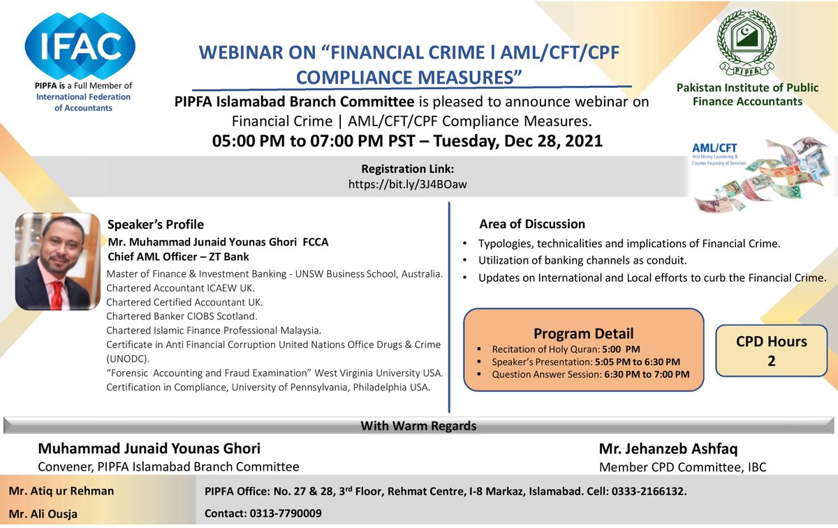 PIPFAOfficial's tweet photo. #PIPFA is conducting FREE Online #Live #Webinar on "Financial Crime & AML/CFT/CPF Compliance Measures''
Get register now!!
Webinar Registration Form Link: https://t.co/C64uEMLL8w
#ComplianceMeasures #AML #ZoomEvent #PIPFAMania #CFT #CPF #IFAC #OnlineWebinar #InvestmentBanking https://t.co/7ynnokJVKI