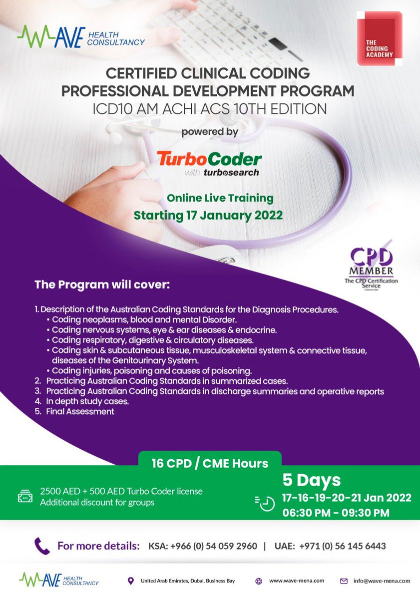 TCCME's tweet photo. ICD10 AM ACHI ACS 10th edition Professional Development Course by the The Coding Academy. Online Interactive Training
From 17-21 January 2022@ 06:30PM -09:30 PM 
2500 AED +500 AED Turbo coder License 
🔗To Register: https://t.co/foAoc9Hg1x
 📲KSA: 0540592960, UAE: 0561456443 https://t.co/IZo4NdvHbU