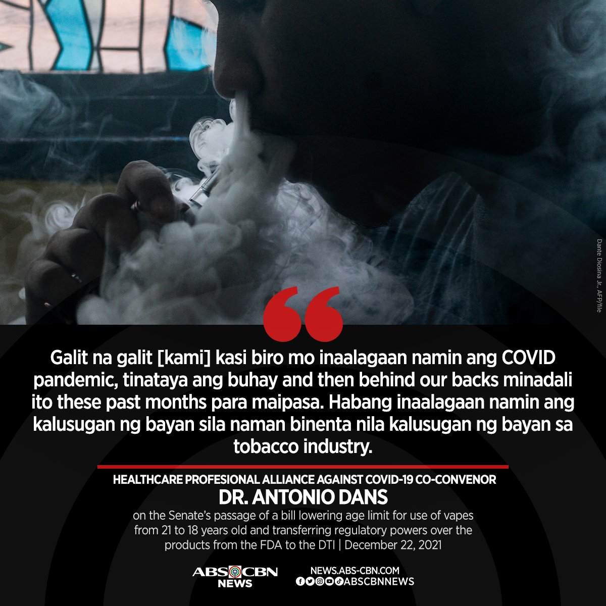 ABSCBNNews's tweet photo. A group of doctors expressed disappointment after the Senate passed a bill lowering age limit for use of vapes from 21 to 18 years old despite proof of its health risks.

Read: https://t.co/L9JdM0bIBU https://t.co/TTxXq4jA7B