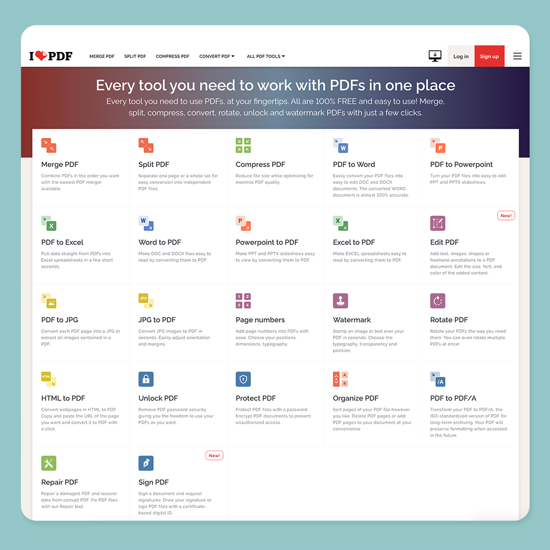 ¡Webs que debes conocer! 4️⃣

I LOVE PDF
Es una herramienta online y totalmente gratuita para trabajar y editar PDF ➡ con ella puedes unirlos, separarlos, comprimirlos, convertir en otros formatos como Word, Powerpoint o Excel (y a la inversa) 💻

#marketing #ilovepdf #pdf