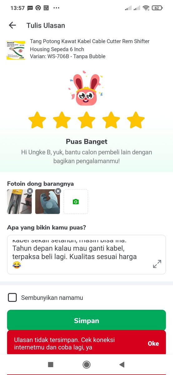 Ungke_B's tweet photo. Belanja, browsing2, add to cart semua lancar, giliran mau update review dibilang gak ada koneksi inet. Ada apa ini? @TokopediaCare @tokopedia https://t.co/WciCra2Okr