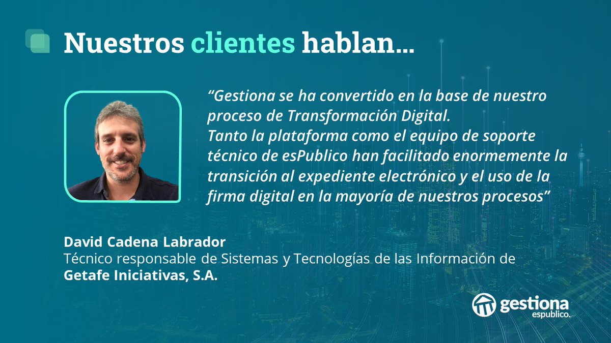 esgestiona's tweet photo. Compartimos la opinión de nuestros clientes que nos cuentan cómo #Gestiona se ha convertido en la base de su proceso de #TransformaciónDigital
💬David Cadena de @GisaGetafe nos aporta su experiencia
#TestimonioClientes #GetafeIniciativas #AdministraciónElectrónica #FirmaDigital https://t.co/fiVX5SiZnx