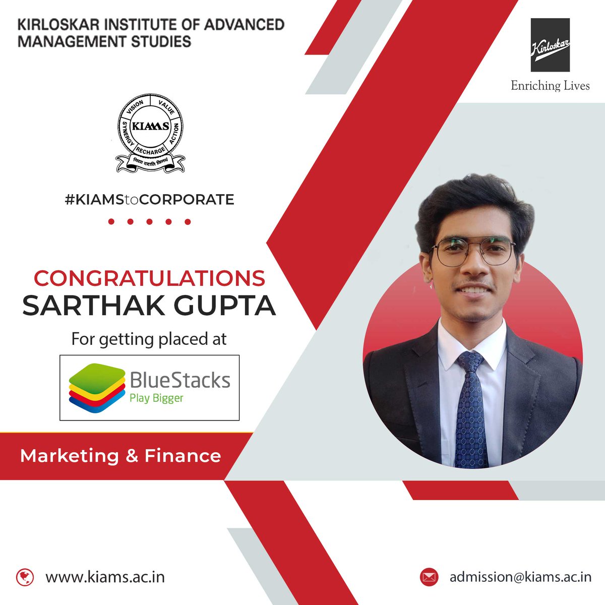 KIM_pgdm's tweet photo. Positive actions combined with positive thinking result in success.
KIAMS feels proud to announce that Sarthak Gupta has been placed in BlueStacks.
Heartiest congratulations to you for making it to the organization.
Wishing you all the best for future endeavors!
#KIAMS https://t.co/ESqjiDyRxa