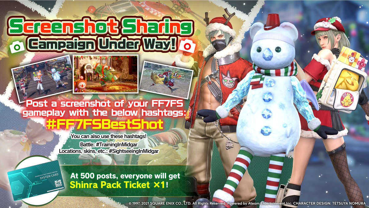 FFVII_FS_EN's tweet photo. Screenshot Campaign📸
Remember to post your #FF7FS screenshots with #FF7FSBestShot, #TrainingInMidgar, or #SightseeingInMidgar!
At 500 screenshots posted everyone will get a Shinra Pack Ticket! Ends 12/27 6:00 p.m. PST!
Details:
https://t.co/oOTK5FmjI8
#FF7R #FinalFantasy https://t.co/UOUICd2dEB