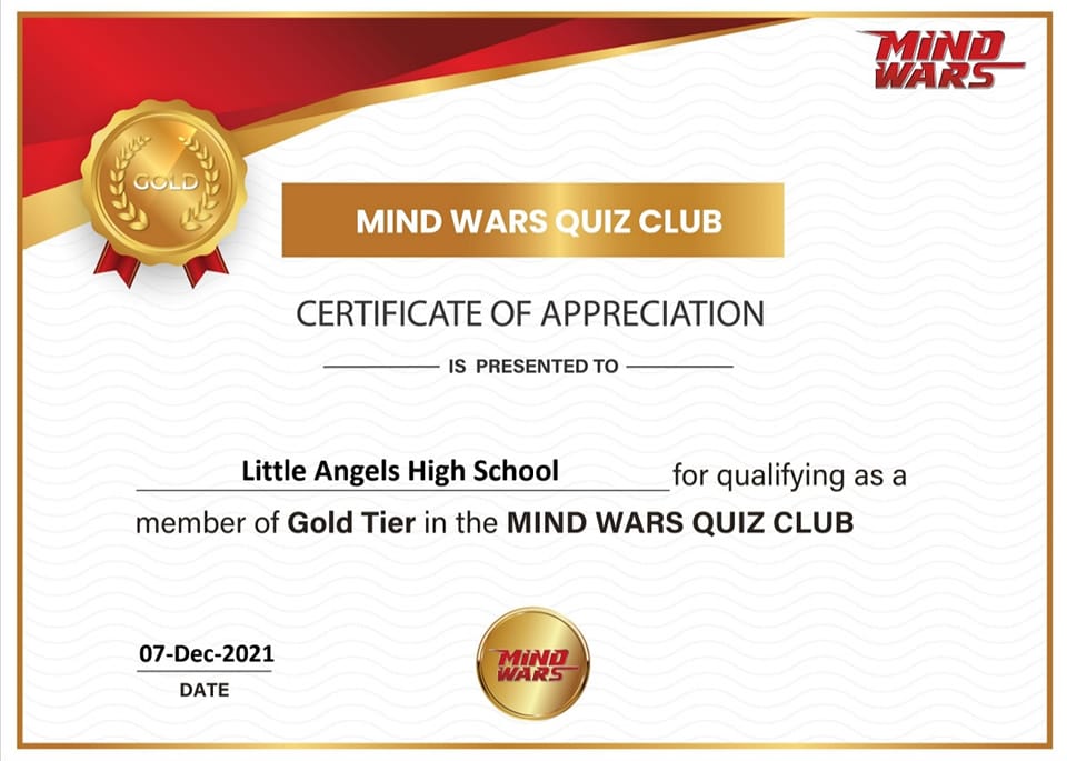 LAHS Gwalior has been awarded a certificate  for qualifying as a member of the prestigious GOLD TIER of 'MIND WARS QUIZ CLUB', which is a multiplatform knowledge programme, promoted by Zee Entertainment Enterprises Ltd.