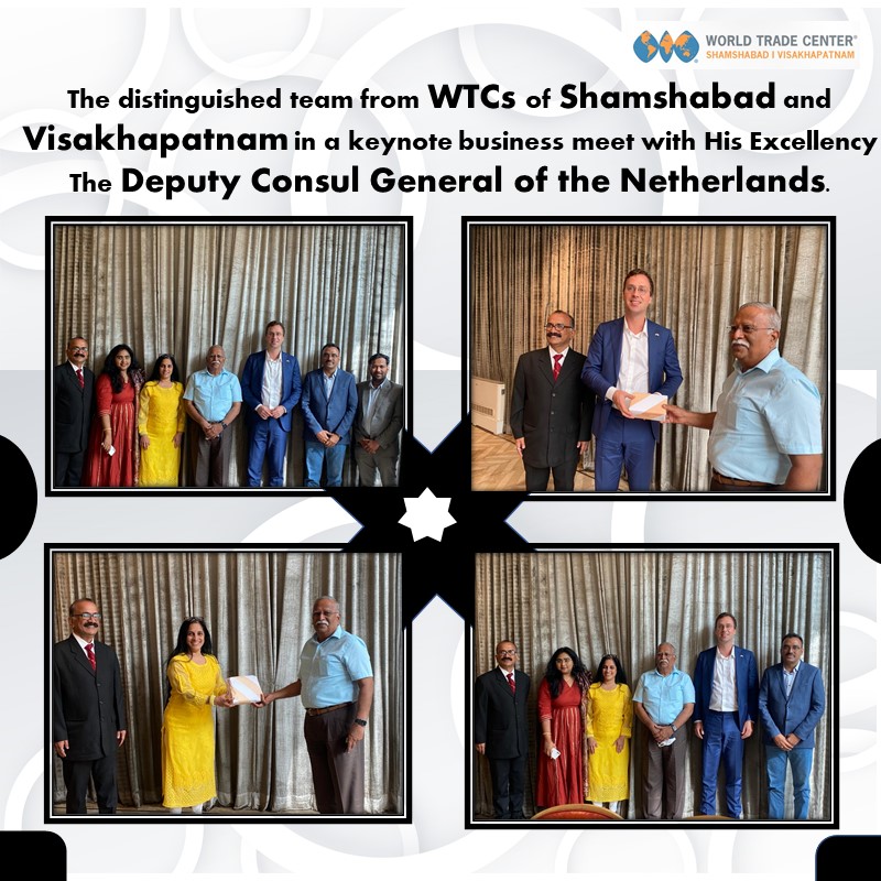 Esteemed members from the #WorldTradeCenters of #Shamshabad and #Visakhapatnam met His Excellency #TheDeputyConsulGeneral of the #Netherlands to discuss enhanced business exchanges with the European country.

#wtc #hyderabad #industrypractice #business #europeancountry