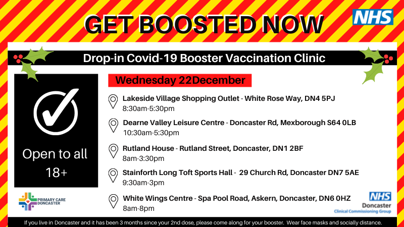GPFedDoncaster's tweet photo. ‼️ DROP-IN COVID-19 BOOSTER VACCINATION CLINICS  ‼️

See details below of all the vaccination clinics running today 👇💉 https://t.co/anVR13nyJx
