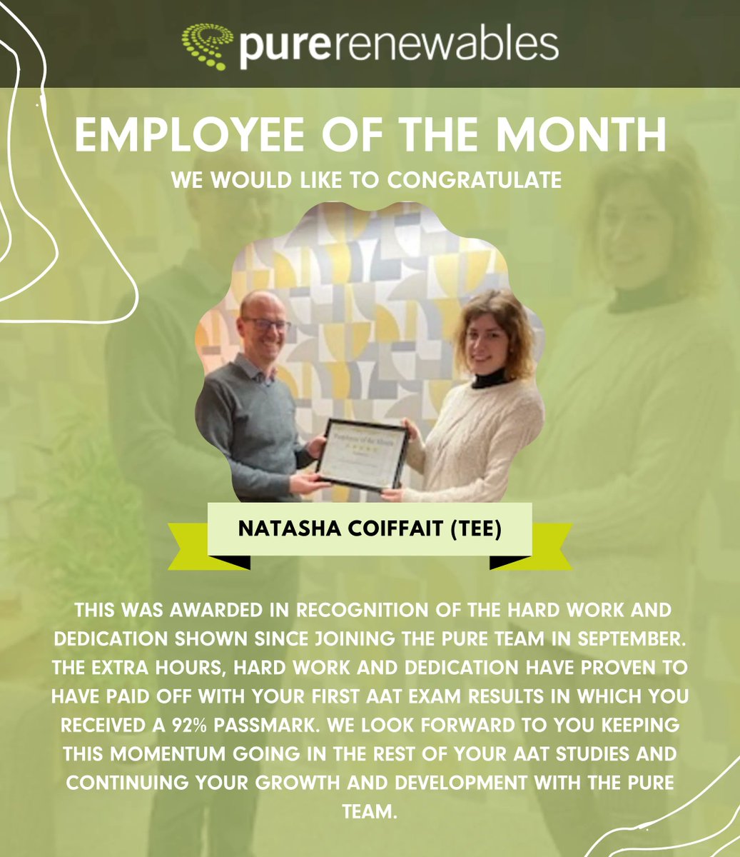 EMPLOYEE OF THE MONTH🎉

Congratulations to Natasha Coiffait (Tee) our first Employee of the month!

This was awarded in recognition of the hard work and dedication shown since joining the Pure Team in September.