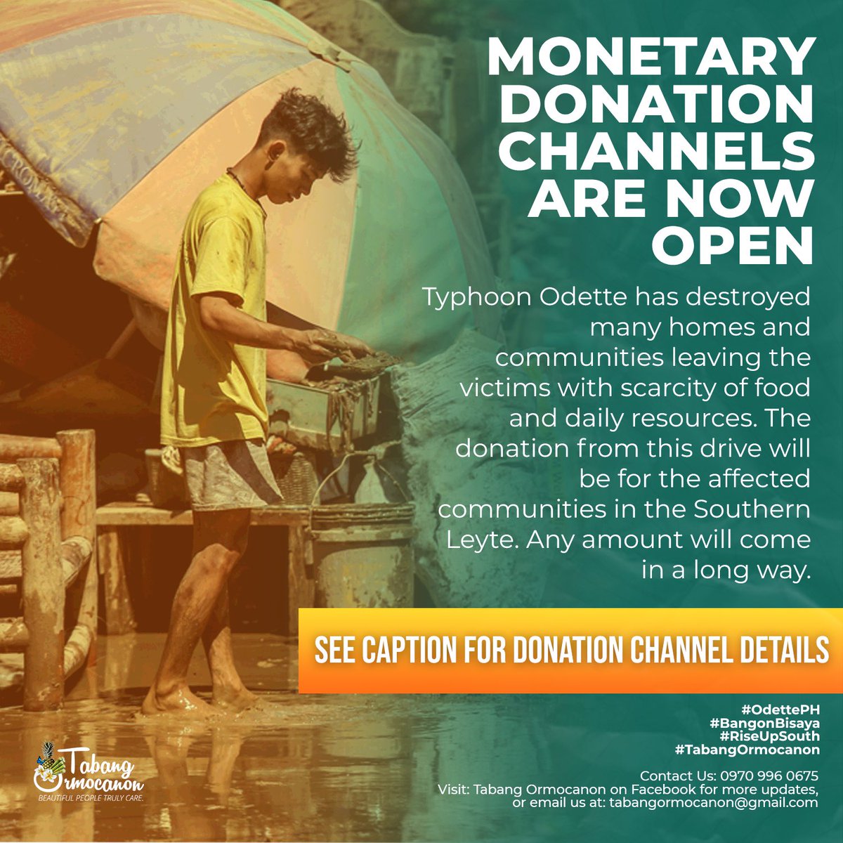 tabangormocanon's tweet photo. Typhoon Odette has destroyed many communities leaving the victims with scarcity of food and daily resources. The donations from this drive will be for the affected communities in Southern Leyte. Any amount will come a long way.

Visit the thread for the cash donation channels. https://t.co/b6o4KGCF2S