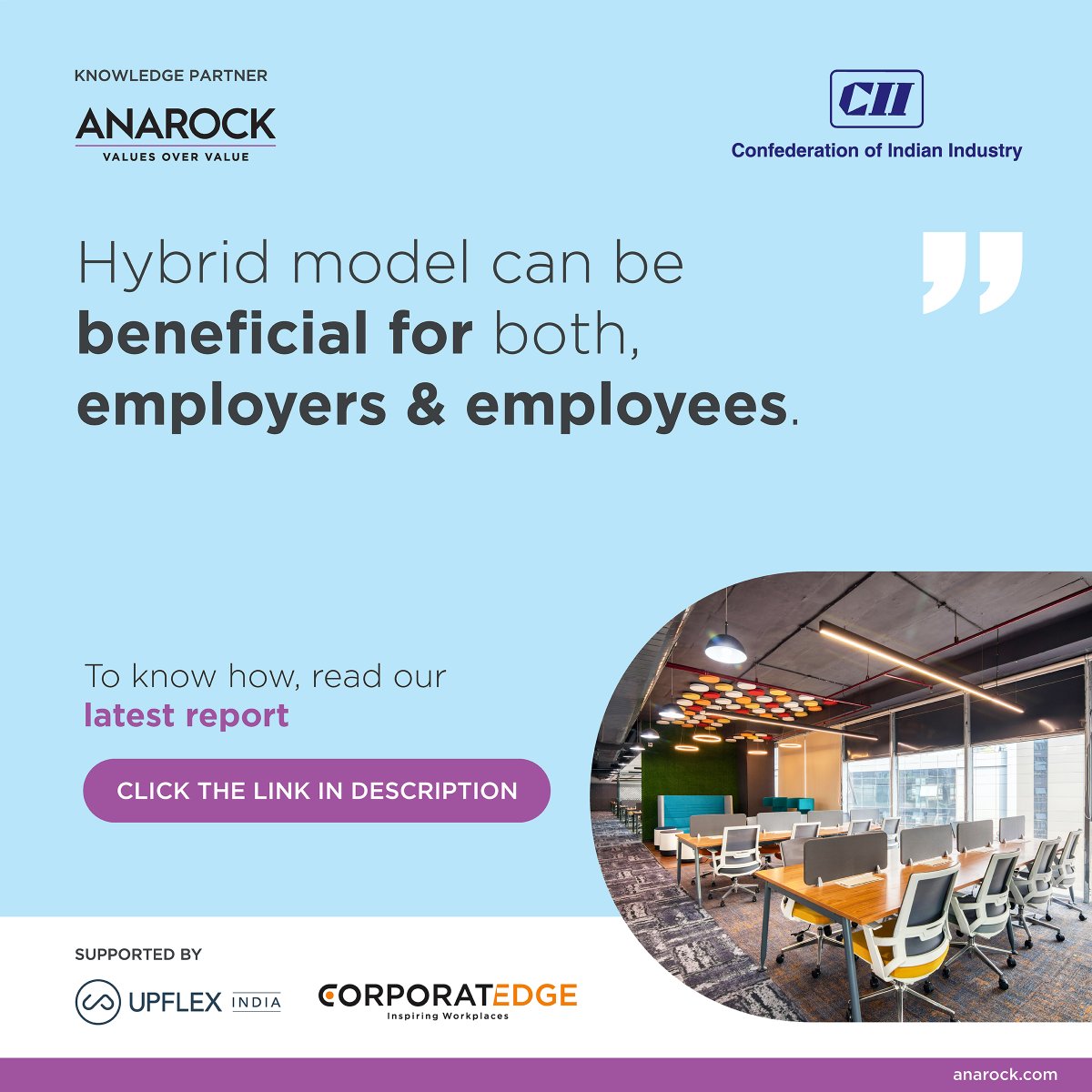 ANAROCK report predicts that hybrid work models could potentially double the market size of coworking spaces. Click here to read #CIIxANAROCK Report - Workplaces Of The Future: lnkd.in/d9CZUyt3
@FollowCII @TheAnujPuri 
#workspacesolutions #UpflexIndia #futureisflexible