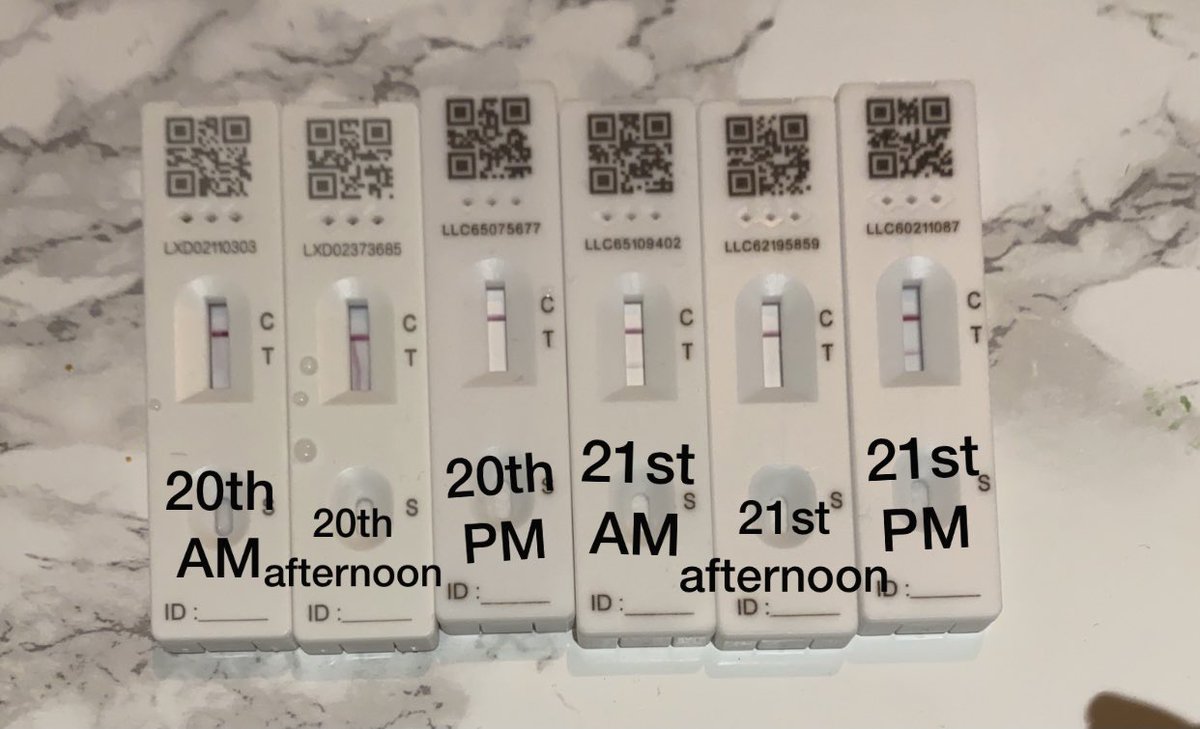 JennaSmith49's tweet photo. My lateral flows over the last 2 days, I had covid for everyone of them (positive PCR on the 20th) but I only tested positive on two lateral flows. 
Please be careful relying on these for events, I caught it at an event where everyone was asked to provide a negative LFT before. https://t.co/s7Dvp0mrIt