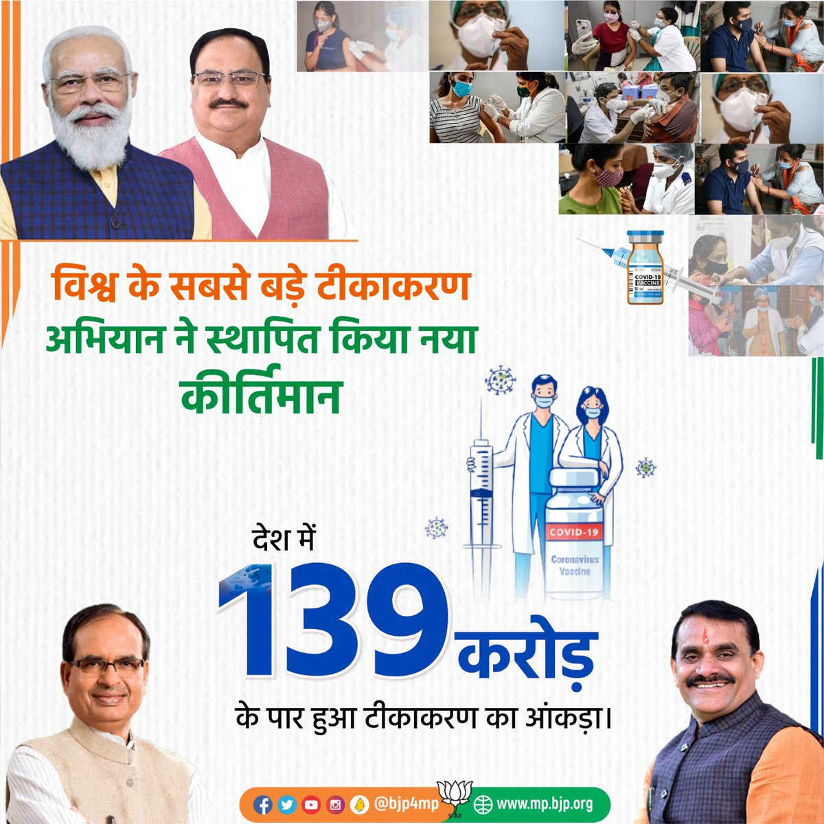 BJP4MP's tweet photo. विश्व के सबसे बड़े टीकाकरण अभियान ने स्थापित किया नया कीर्तिमान
 
देश में 139 करोड़ के पार हुआ टीकाकरण का आंकड़ा।

#LargestVaccineDrive 
#IndiaFightsCorona https://t.co/5fvuiXEb6u