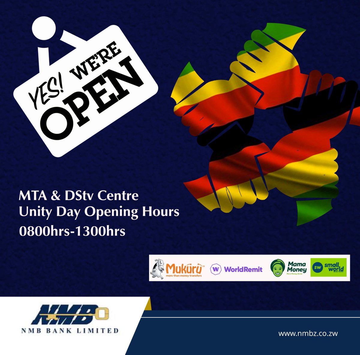 NMBBankZim's tweet photo. Collect USD Cash received via Worldremit, Mukuru, Mama Money or Small World from the NMB Bank MTA &amp; DStv Centre, corner First Street/Kwame Nkrumah Ave, Harare.

#NMBBank
#NMBMTA 
#BankOnUs https://t.co/xwdThiZQkK