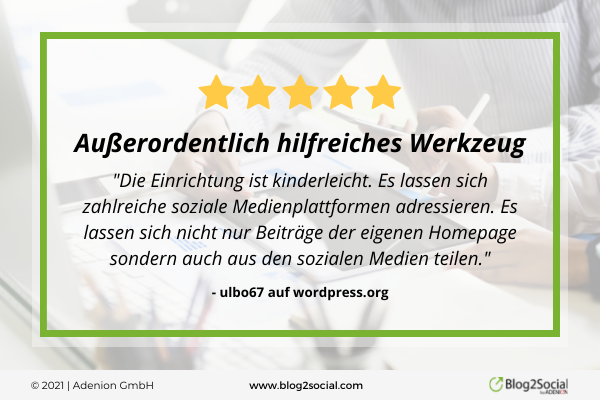 Blog2Social's tweet photo. Blog2Social ist ein "Außerordentlich hilfreiches Werkzeug", sagt ulbo67 auf https://t.co/6idGbYqDoV. Wir freuen uns sehr über so tolles Feedback, dankeschön! 💚
#blog2social #reviews https://t.co/8ZpmMl63MT