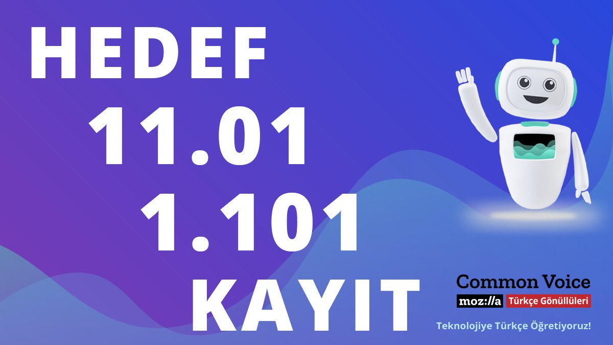 Common Voice tarihleri güncelledi, veri setlerini 12 Ocak'ta derlemeye başlayacak. Biz de kampanyamız için ek zaman kazandık.
Şimdi yeni hedefimiz herkesin 11.01'e kadar 1.101 kayıt yapması.
#CommonVoice #CommonVoiceTurkce #CommonVoiceTürkçe