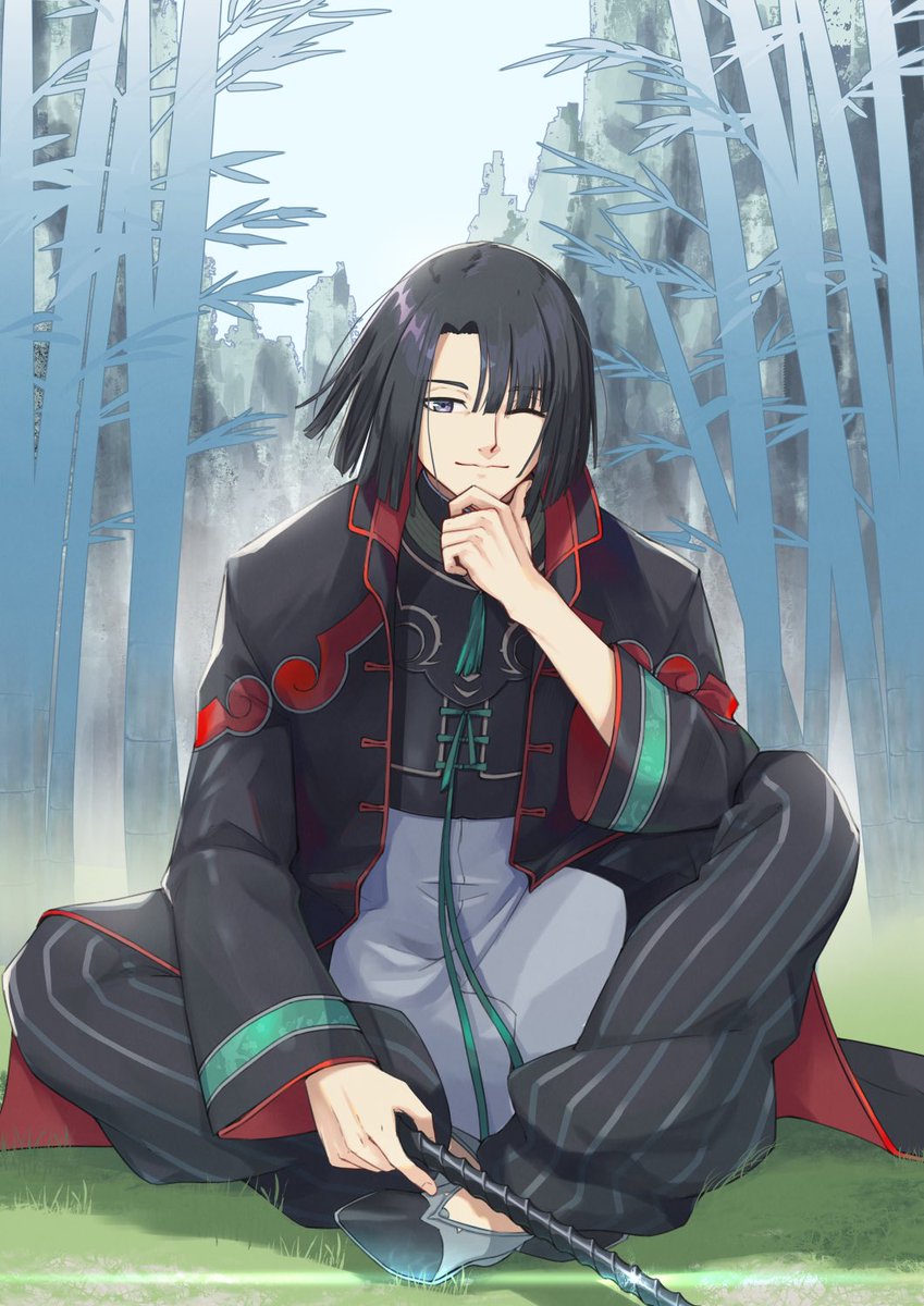 1boy male focus black hair solo bamboo sitting one eye closed  illustration images