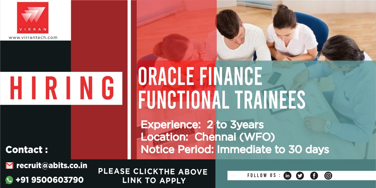 virrantech's tweet photo. Hiring Oracle Finance Functional Trainees!!!

 Experience: 2 to 3years
 Location: Chennai(WFO)
 Job Type: Permanent

#SSGroup #VirranTechSolutions #VirranTech #Oracle #OracleFinanceFunctional #hiring #job #experience #finance #ChennaiJobs https://t.co/p2VHfNm8hq