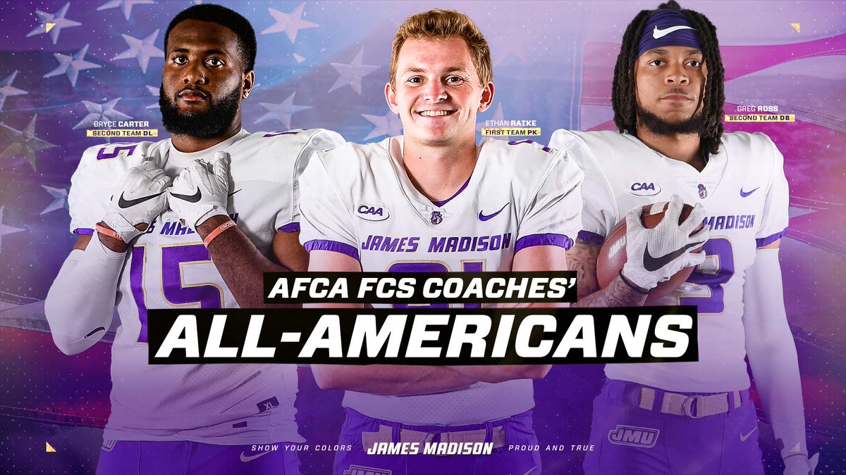 JMUFootball's tweet image. More All-America Honors 🇺🇸

Ethan Ratke, Bryce Carter and Greg Ross were selected to the @WeAreAFCA FCS Coaches’ All-America Team.

📰 bit.ly/3yNeBVq

#GoDukes