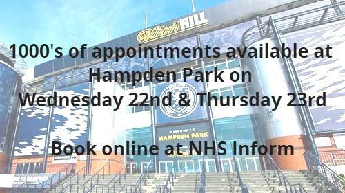 NHSGGC's tweet photo. If you would like to be vaccinated before Christmas, we currently have thousands of appointments available for today and Thursday, at a range of times, at Scotland's national stadium, Hampden Park in Glasgow. Please book at @NHSInform &amp; we will look forward to seeing you soon. https://t.co/pRngQSLsqe