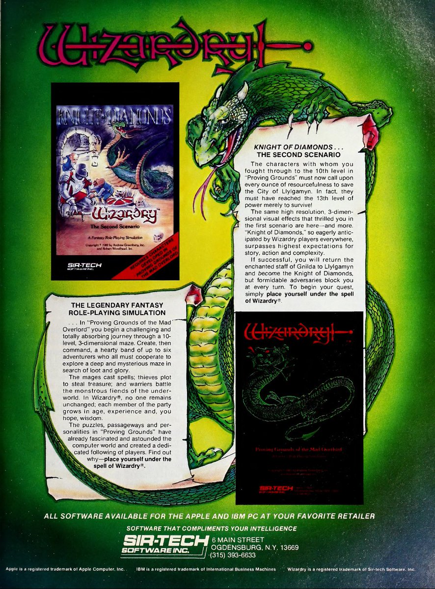 TakodanTweets's tweet photo. 1983 advert for the #Wizardry expansions 'Proving Grounds of the Mad Overlord' and 'Knight of Diamonds' by #SirTech on #Apple and #PC https://t.co/iRQk4W2qHw